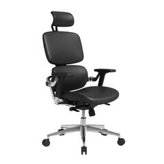 Black office chair with adjustable headrest and armrests, ergonomic design, metallic base with wheels, Isolated on transparent background, png