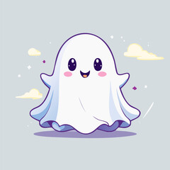 Cute cartoon ghost with big eyes and blush cheeks in kawaii style. Adorable Halloween character illustration with friendly expression, pastel colors, and playful vibe
