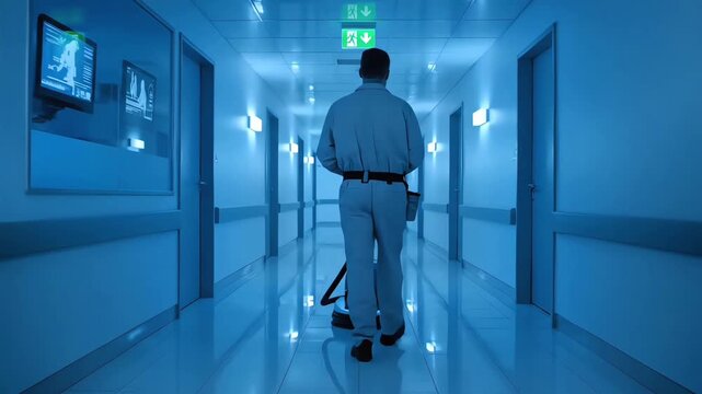 Solitary janitor from behind, walking down a long and sterile blue-lit hospital corridor during a quiet night shift