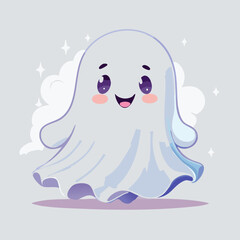 Cute cartoon ghost with big eyes and blush cheeks in kawaii style. Adorable Halloween character illustration with friendly expression, pastel colors, and playful vibe