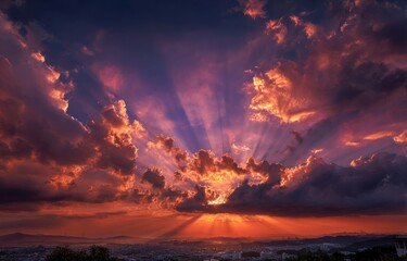 Dramatic sunset sky with sun rays piercing clouds over city