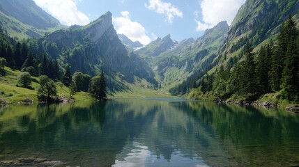 A beautiful lake reflects the surrounding mountains and vibrant trees under a clear blue sky. The serene atmosphere invites exploration and relaxation in natures beauty.