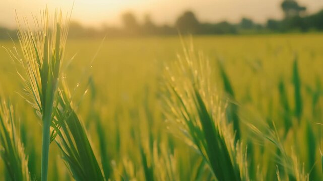 A serene close-up view showcasing delicate green grass blades illuminated by the warm light of the setting sun, capturing the essence of nature's beauty.