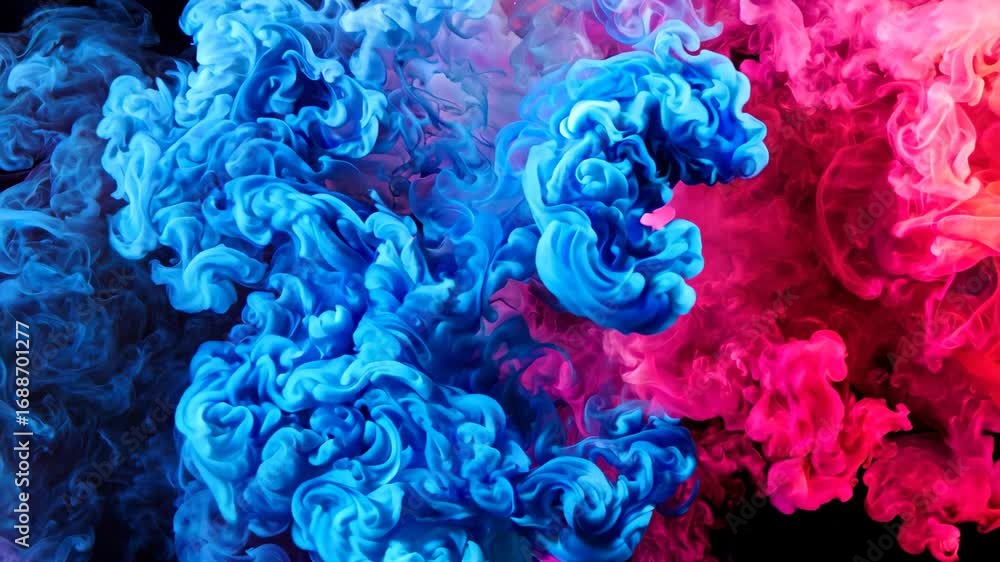 Poster vibrant blue and pink smoke swirl together on a dark background, creating a captivating visual displ