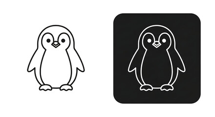 Fototapeta premium Two penguin outline illustrations, one white and one black.