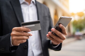Innovative Donation Methods: Young Businessman Hand Holding Credit Card and Smartphone for Online Giving