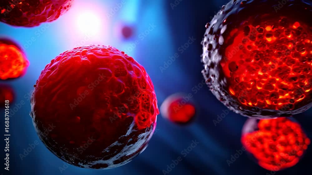 Poster a stunning close-up view of microbial cells illuminated by red and blue lights, showcasing intricate
