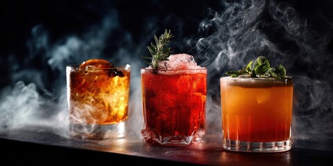 The captivating display of artisan cocktails with smoky effects and elegant garnishes.