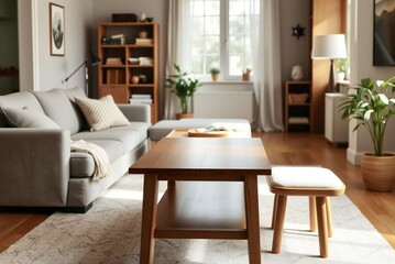 Minimalist wooden table in cozy living room, soft natural light, serene domestic still life