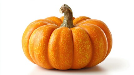 Fototapeta premium A bright orange pumpkin with pronounced ridges and a sturdy stem sits against a clean white backdrop, highlighting its rich color and smooth, textured surface.