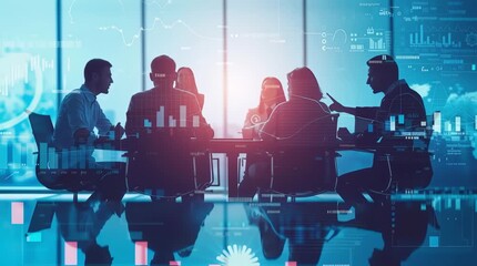 Business team meeting with data analytics visualization overlay - Powered by Adobe
