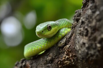 Fototapeta premium Adorable Green Snake: A Playful Reptile in Its Natural Habitat Among Trees and Grass