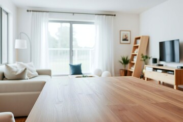 Minimalist wooden table in cozy living room, soft natural light, serene domestic still life