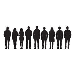 Silhouettes of Diverse People Standing in a Row &ndash; Group of Men and Women in Lineup &ndash; Black and White Vector Illustration for Community or Team Concept