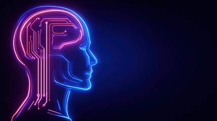 Futuristic Neon Illustration of Human Profile with Digital Circuit Design Highlighting Technology and Innovation Concept