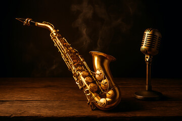 Naklejka premium Vintage golden saxophone and microphone on wooden table for jazz music performance and recording studio