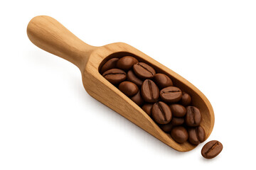 Obraz premium Roasted coffee beans poured into wooden scoop on transparent background