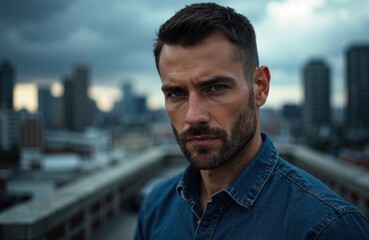 Fototapeta premium A man with intense expression standing outdoors in an urban environment with tall buildings