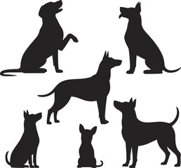Silhouettes of different dog breeds sitting, standing, and posing, black and white vector art, canine shapes, pet animals, various dog postures, isolated background