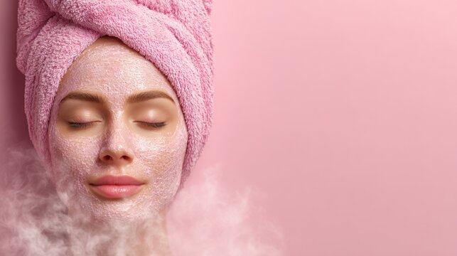 Relaxed woman with facial mask and towel on head against soft pink background enjoying spa treatment and self-care routine - Powered by Adobe