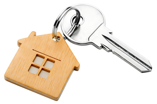 Silver Key with Wooden House Keychain on Background graphic design isolated on a transparent background