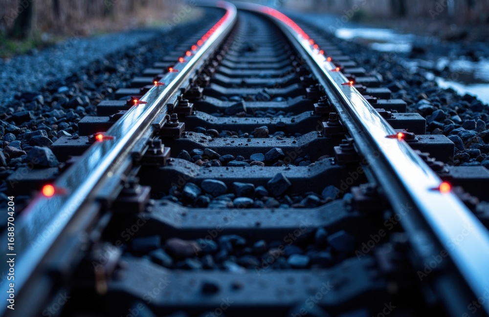 Poster a close-up view of railway tracks extending into the distance with illuminated safety lights along t