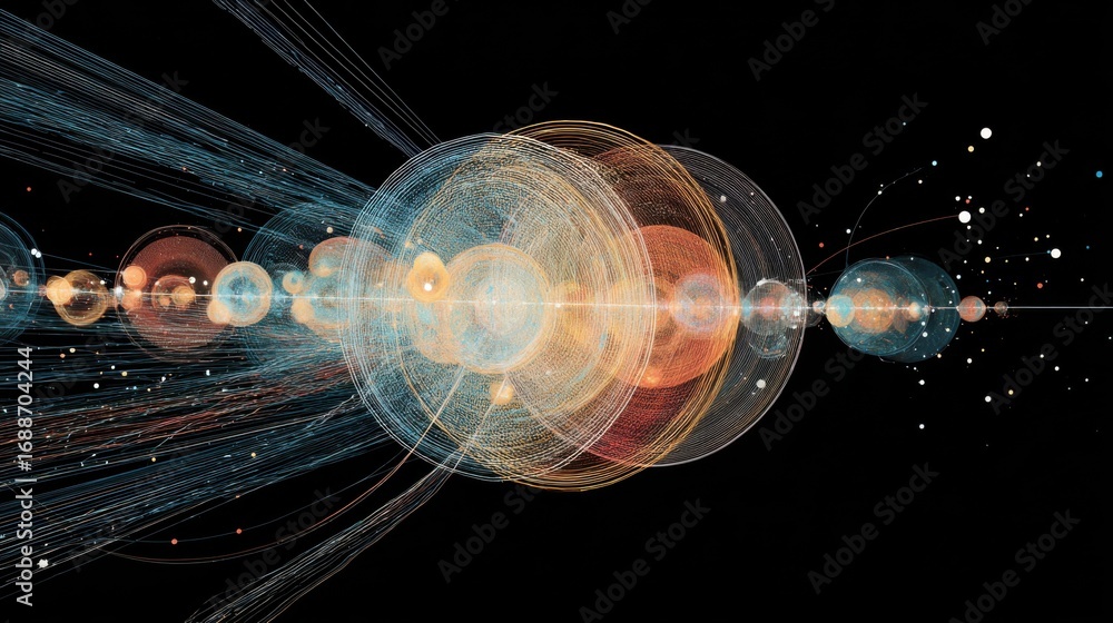 Fototapete vibrant lines and spheres illustrate energy particles and cosmic waves, showcasing an abstract view 
