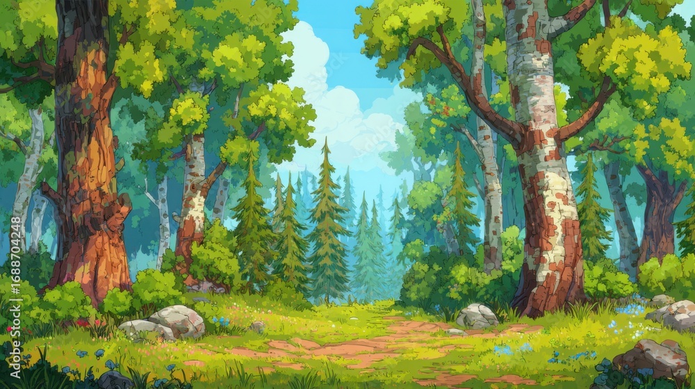 Poster a serene forest path winds through towering trees and lush greenery, illuminated by warm sunlight. c