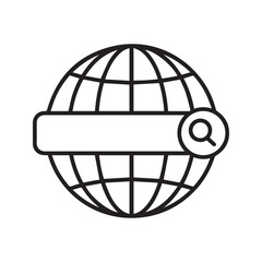 Web search globe icon. Internet browser search bar with magnifying glass over world planet symbol. Outline vector graphic for global connection and data discovery.
