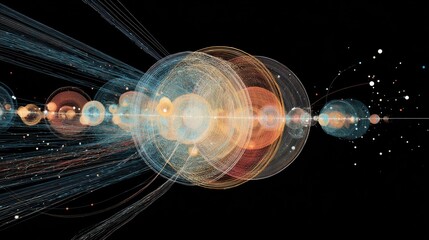 Fototapeta premium Vibrant lines and spheres illustrate energy particles and cosmic waves, showcasing an abstract view of the universes intricate structures and interactions in a dark setting.