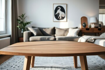 Minimalist wooden table in cozy living room, soft natural light, serene domestic still life