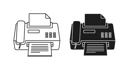 Fax machine line art and silhouette illustration.