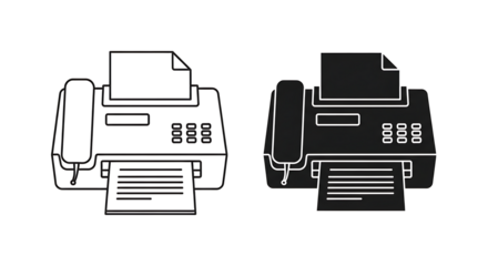 Fax machine line art and silhouette illustration.