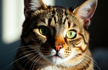 Close-up of a tabby cat with striking green eyes looking directly at the camera