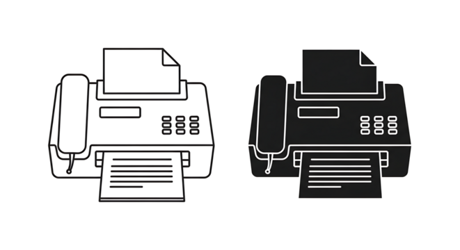 Fax machine line art and silhouette illustration.