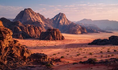 Sunrise over a vast desert landscape. Rocky peaks and sandstone formations dominate the scene, bathed in warm, golden light