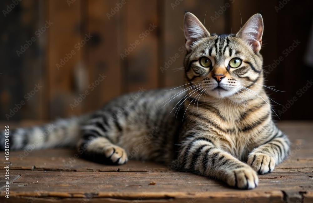 Poster a curious tabby cat lying on a wooden surface with a rustic background