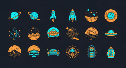 Space and science themed icons in blue and orange collection