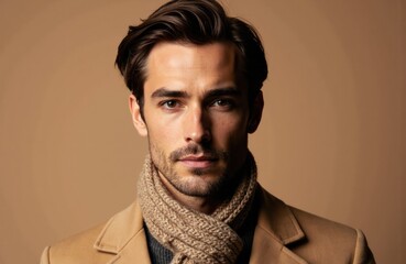 Fototapeta premium A handsome man with styled hair and a neutral expression wearing a beige coat and knitted scarf