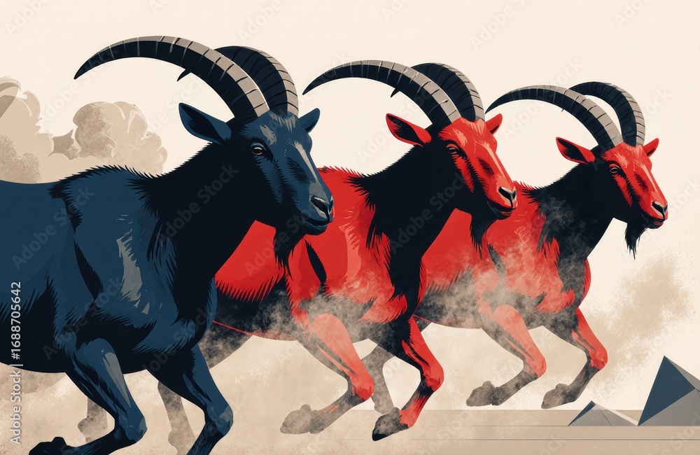 Poster three stylized goats with curved horns running together in a dynamic scene with dust clouds and geom