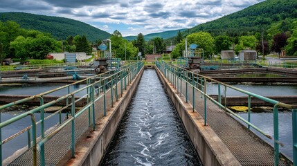 Fototapeta premium Water Treatment Facility Surrounded by Lush Green Landscape with Dramatic Clouds in the Sky