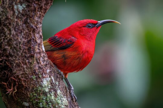 Scarlet Iiwi: Endangered Hawaiian Honeycreeper Perched on a Tree Amidst Nature's Bounty