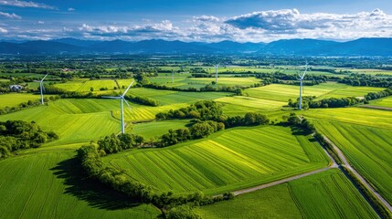 Expansive Aerial View of Lush Green Fields with Wind Turbines Under Bright Sky and Mountainous Backdrop