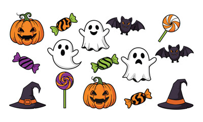 Spooky halloween icons set featuring pumpkins ghosts bats and candy white background