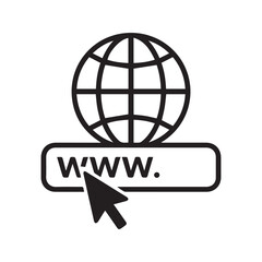 Go to web line icon. Vector illustration of a mouse cursor clicking a WWW address button with a globe symbol. Concept for internet, website, URL, and online browsing.
