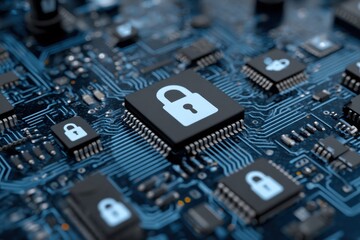 Close-up of circuit board with security lock icons.  Dark blue circuit patterns and black components are visible