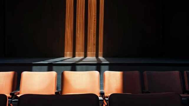 Soft light streams through a dim auditorium, highlighting empty seats with warm orange hues. The contrast creates a tranquil atmosphere, perfect for artistic expressions.