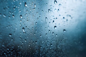Raindrops on glass, blue sky, soft light.