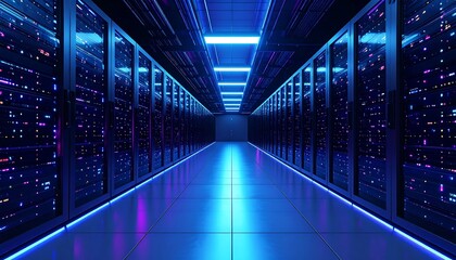 Fototapeta premium Futuristic server room lit by vibrant neon