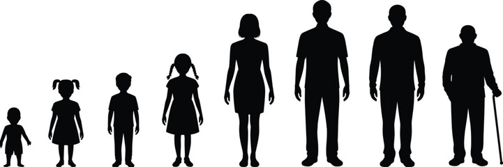 Silhouettes of human life stages from baby to elderly person, age progression, family generations, growing up concept, life cycle illustration, human development timeline